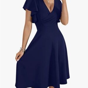 Navy Flutter Sleeve Midi Dress
